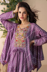 Purple Chinon Silk Embroidered Poncho Style Top with Palazzo
